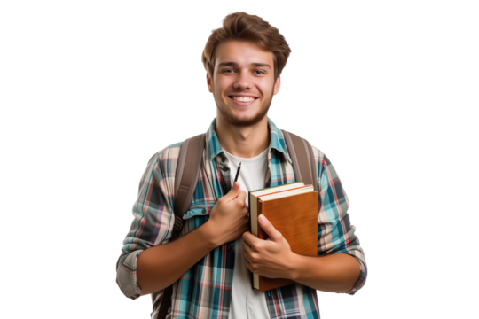 Smiling male college student with backpack and books, ready for learning and education