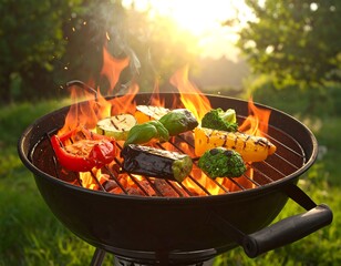 Vibrant vegetables grilling over open flames on a sunny day