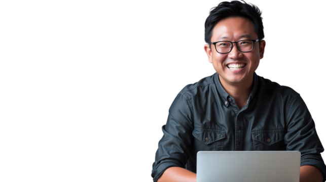 Happy Asian man with glasses smiling brightly while working on his laptop, isolated on transparent background - Powered by Adobe