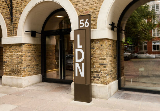 Front building number design in London. Monument sign.