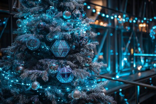 A Christmas tree shimmering with holographic ornaments and neon blue lights, glowing in a futuristic setting