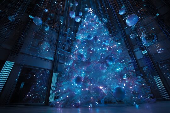 A Christmas tree shimmering with holographic ornaments and neon blue lights, glowing in a futuristic setting