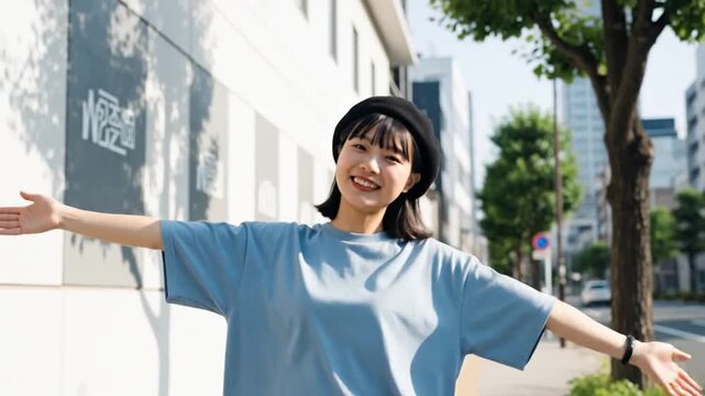 A happy young person smiles brightly with arms wide open on a sunny city street, enjoying a carefree moment outdoors.