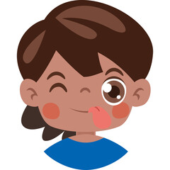 Child Face Winking With Tongue Out Showing Playful Emotion With Dark Brown Hair And Blue Shirt On White Background