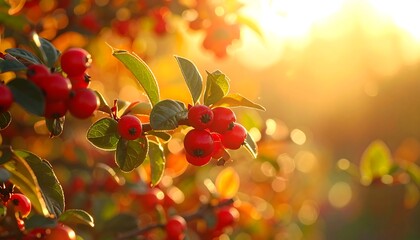 Close-up shot of bright red berries with green leaves on a branch, basking in warm golden sunlight. Bokeh effect visible