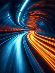 High-speed light trails inside a tunnel at night - a technological background