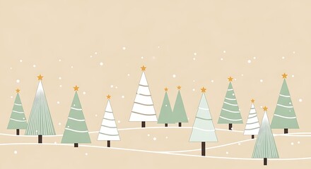 winter landscape with pastel green and white stylized Christmas trees