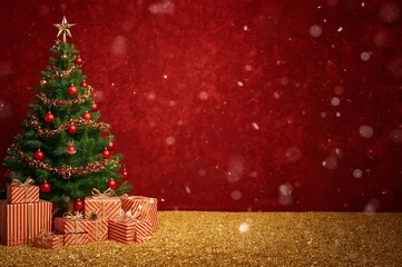 Festive christmas tree adorned with ornaments and gifts piled high on a sparkling golden surface with falling snow against a rich red background