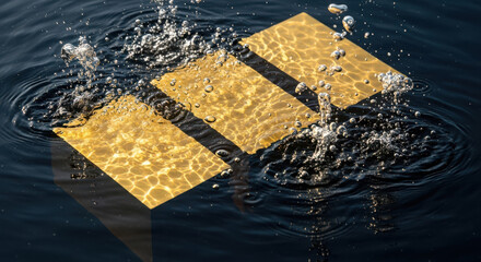 Three textured rectangles floating on rippling water surface dynamic splash abstract art