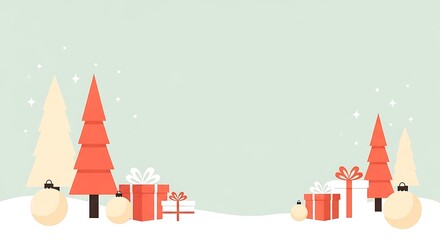 Christmas illustration with coral colored stylized trees, cream ornaments