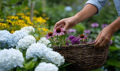 hand picking an echinacea flower out of a bed of echinacea, rudbeckia, poppies and hydrangea and placing it into a wire basket