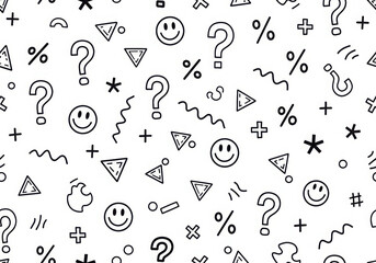 Whimsical hand-drawn icons pattern with smiley faces questions symbols and stars