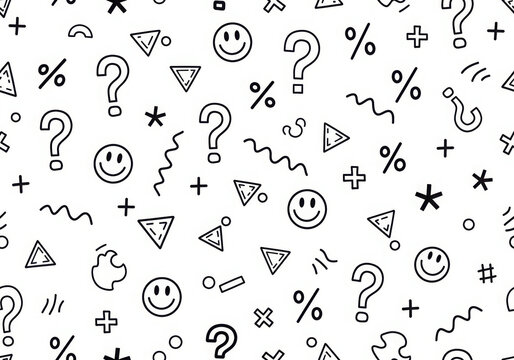 Whimsical hand-drawn icons pattern with smiley faces questions symbols and stars