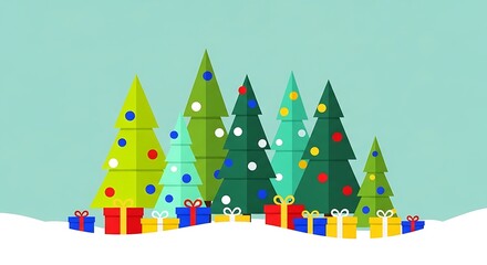 Christmas background featuring colorful stylized trees with multicolored ornaments