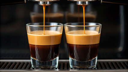 Two shot glasses filled with freshly brewed espresso coffee with crema on top