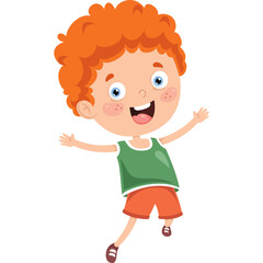 Joyful Cartoon Boy With Curly Orange Hair Wearing Green Tank Top and Orange Shorts Outdoors