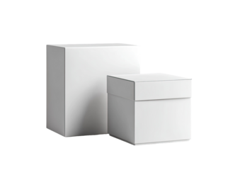 Two plain white cardboard boxes of different sizes stand on a black background