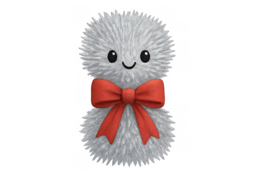 Cute fluffy character with red bow smiling, a kawaii plush toy for children's designs, transparent background