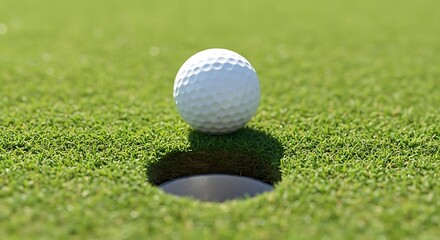 A white golf ball poised perfectly above the hole on green grass