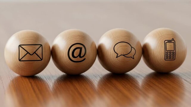 Business Communication: Wooden Eggs with Icons for Email, Chat, and Phone Contact Methods.