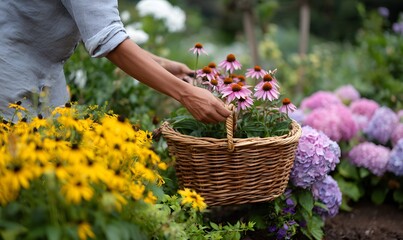 hand picking an echinacea flower out of a bed of echinacea, rudbeckia, poppies and hydrangea and placing it into a wire basket
