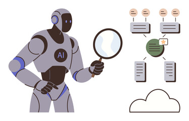 AI robot holding magnifying glass inspecting data flow and documents. Ideal for AI, data analysis, machine learning, technology, innovation, research, education. Simple flat metaphor