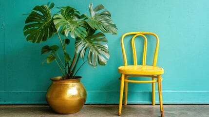 Fototapeta premium Bright yellow chair sits next to a lush green plant in a golden pot all set against a turquoise backdrop.