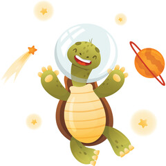 Joyful Cartoon Turtle Wearing an Astronaut Helmet Floats in Outer Space Amongst Stars and a Planet