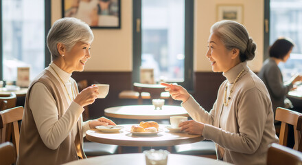 Senior Japanese Women Chatting Happily in a Cafe