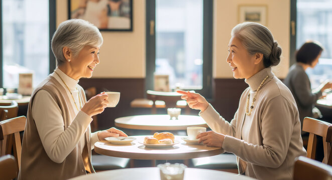 Senior Japanese Women Chatting Happily in a Cafe