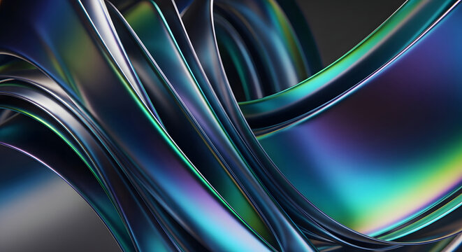 Abstract iridescent metallic flowing shape with vibrant color shifts on a dark background holographic fluid design element
