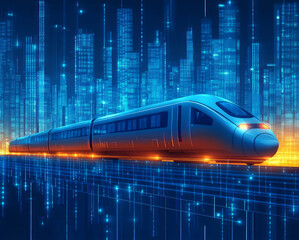 Futuristic high-speed trains weave through city skylines