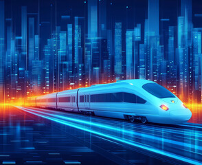 Futuristic high-speed trains weave through city skylines