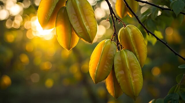 Star fruit branch with sunlight and natural bokeh background