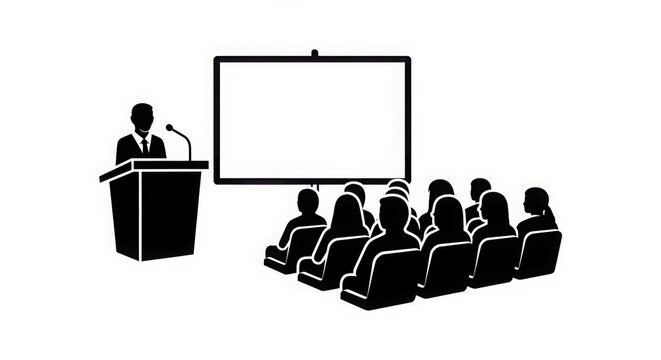 Speaker addressing audience in conference room with presentation screen