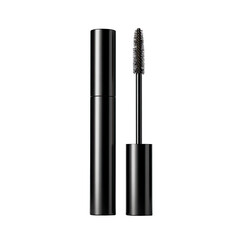 Obraz premium Sleek, black mascara tube and wand with a dark, textured brush, isolated on a black background