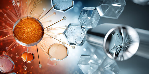 Abstract scientific illustration of molecular structures and crystalline formations, modern science