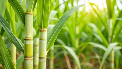 Obraz premium Close-up showcases vibrant green stalks and leaves of a plant in a field bathed in sunlight, with blurred background foliage
