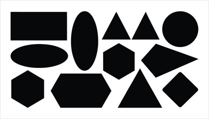 Collection of black geometric shapes including hexagons ovals triangles rectangles and circles on a white background