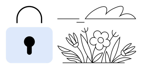 Padlock, cloud, and blooming flowers representing security, harmony, privacy, protection, growth safety environment and balance. Ideal for data ecology and sustainable living themes. Simple flat