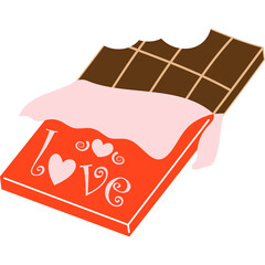 Chocolate Bar Wrapped In Pink Paper With Love Design On Red Wrapper And Bite Mark On Corner