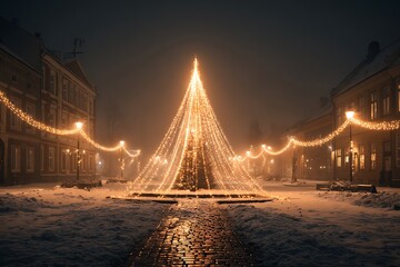 A magical Christmas tree made entirely of glowing light strands, radiating warmth in the middle of a snowy town square