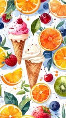Watercolor painting of ice cream cones and fruit slices