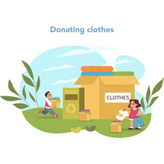 Children Donate Clothes To Charity A Boy And A Girl Pack Items Into A Donation Box Outside A Recycling Bin In A Park On A Sunny Day