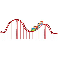 Children Enjoying A Thrilling Roller Coaster Ride Down A Steep Red Track With A Bright Green Cart On A White Background