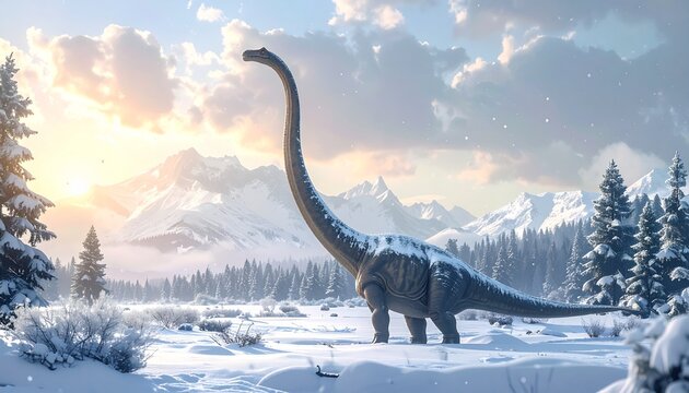 雪に覆われた森の中を歩くブラキオサウルス。冬の光が照らす幻想的で壮大な風景