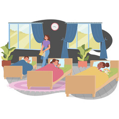 Children Sleeping Peacefully In Beds At A Nursery While A Teacher Watches Over Them With Large Windows In The Background Showing Outdoor Scenery