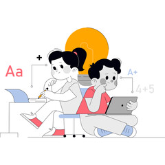 Children Studying Online With Digital Devices And Educational Symbols Promoting Learning And Knowledge Acquisition