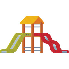 Childrens playground with two colorful slides a yellow roof and wooden structure isolated on transparent background