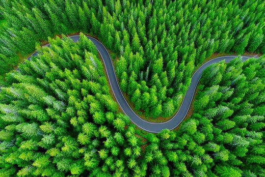 Winding road through dense forest. Aerial view of a serpentine road snaking through a vibrant green forest. Full of tall evergreen trees. A pathway through nature - Powered by Adobe
